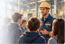 An employee in a hard hat talking with students