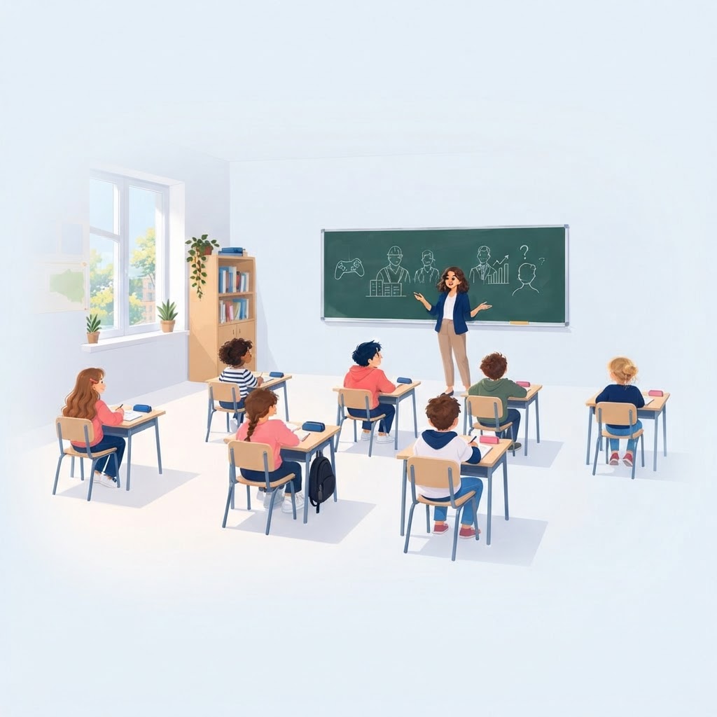 Students with different interests in a classroom with an invited practitioner