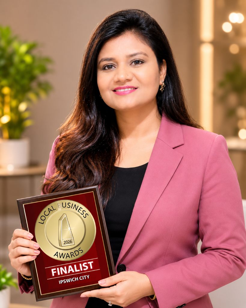 Nilam holding the 2026 Local Business Awards Finalist plaque for Ipswich City
