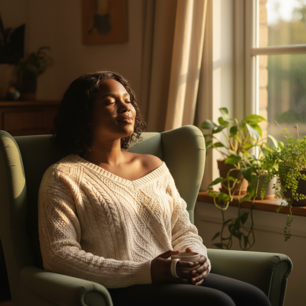 Woman at peaceful rest in warm healing space