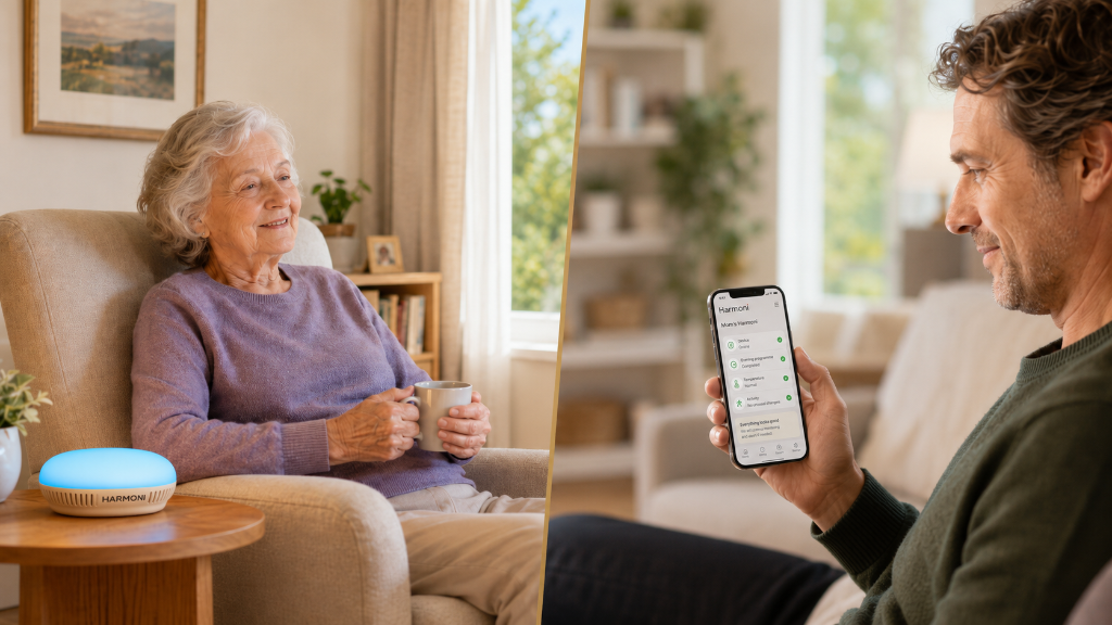 A person at home with the Harmoni device alongside a caregiver checking the Glow app