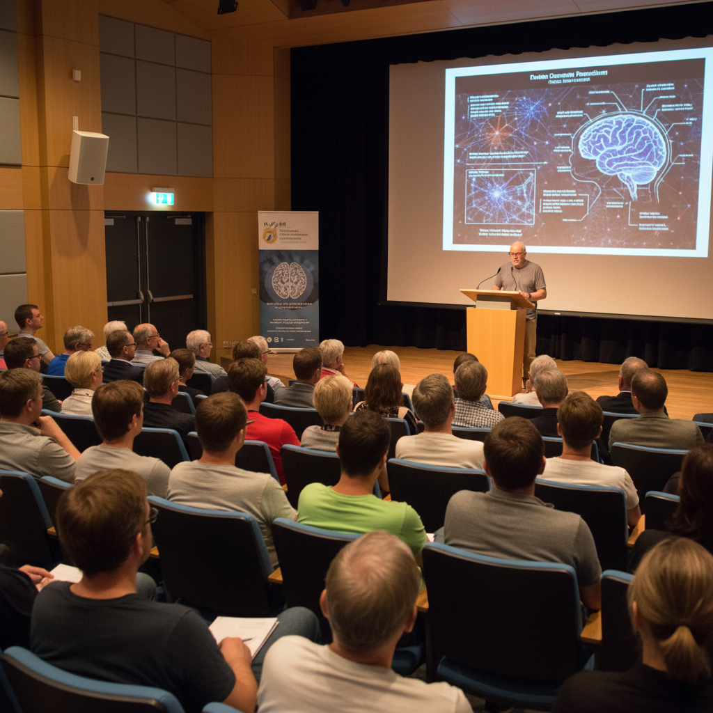 Speaker presenting to a busy auditorium on cognitive decline in dementia