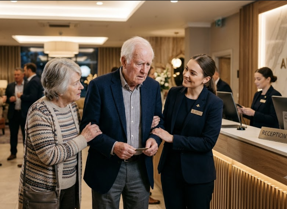 Hotel reception staff warmly supporting an elderly couple