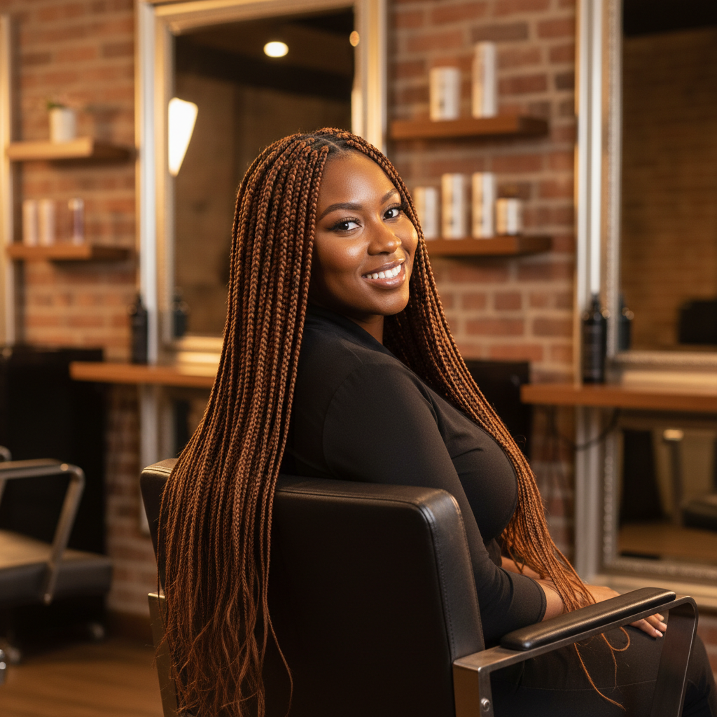 Black woman getting braids styled in salon