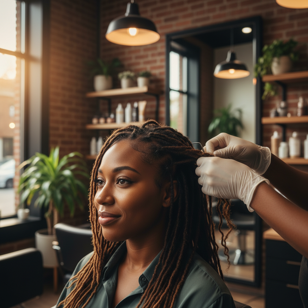 Black woman getting locs installed