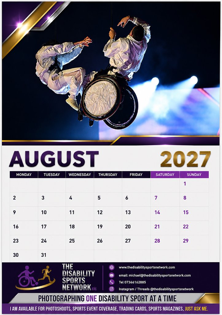 Disability Sport 2027 Calendar — August 2027 page