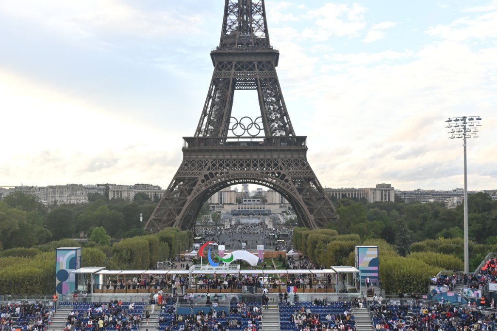 Eiffel Tower with Paralympic rings and branding at Paris 2024 blind football venue