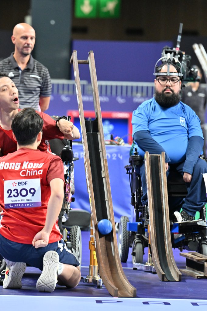 Two BC3 Boccia athletes with ramps facing off at Paris 2024 Paralympics
