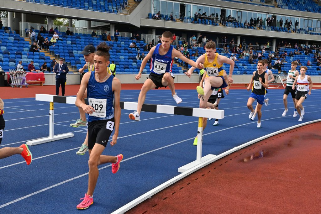 Male steeplechase athletes clearing a barrier in the stadium