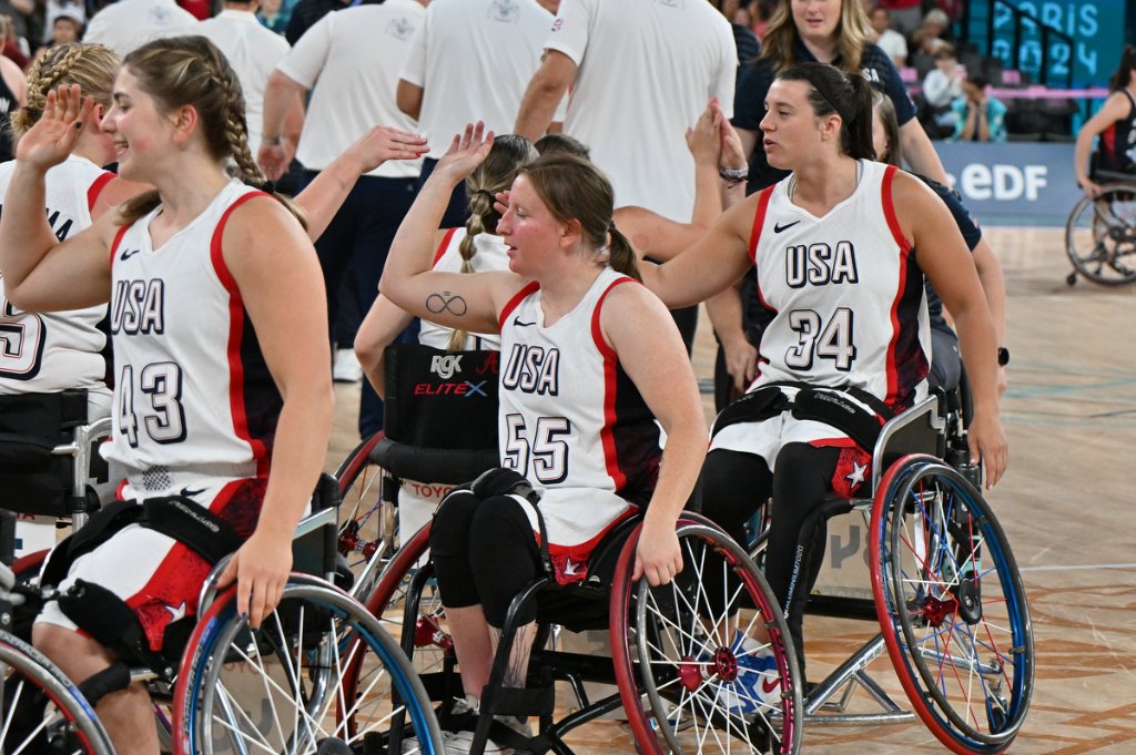 USA women's team celebrating on court