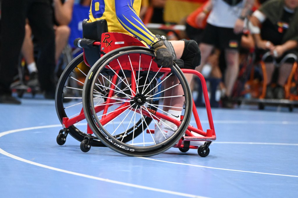 Close-up of wheelchair and player detail at Invictus Games