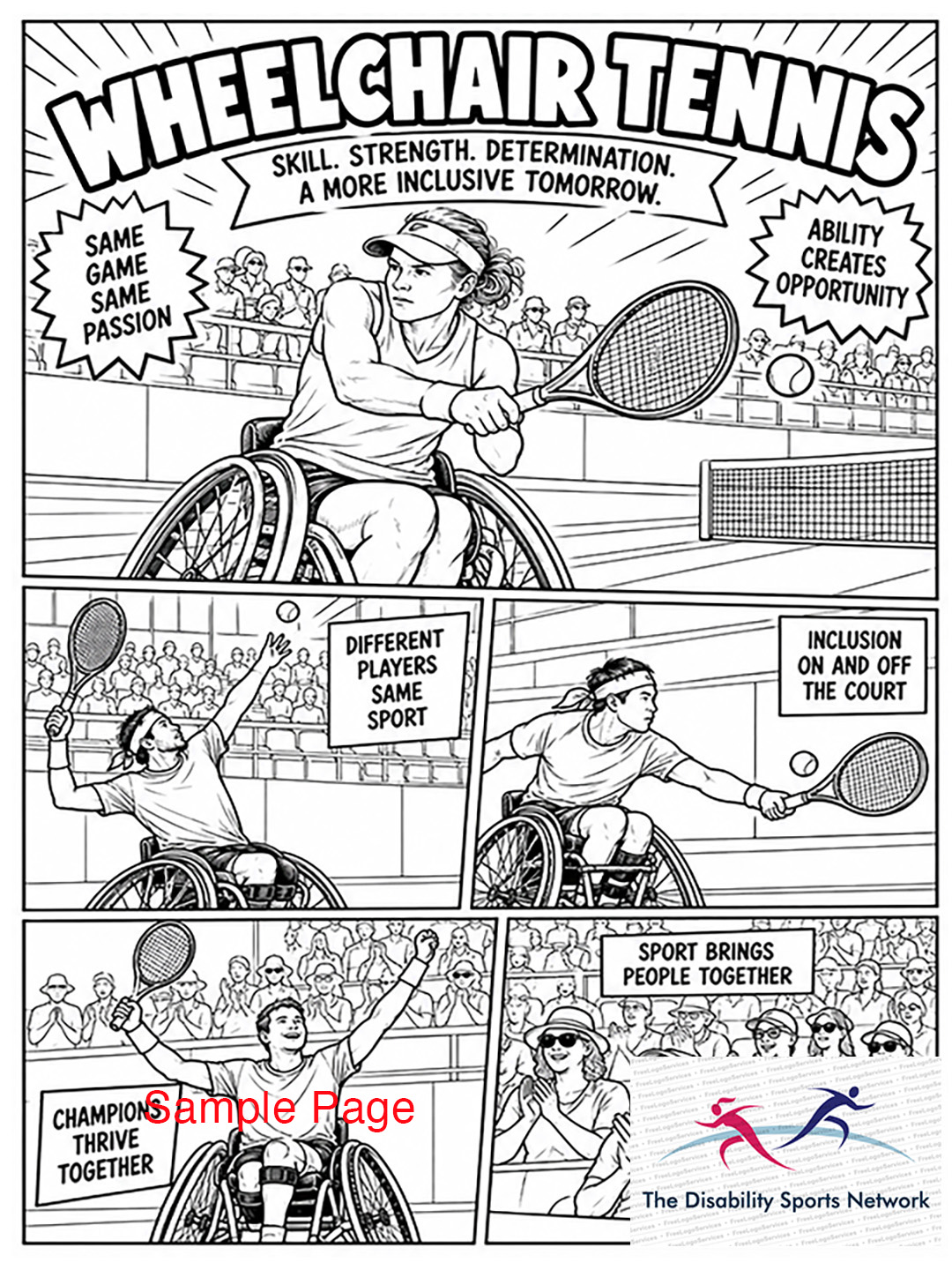 Sample page — Wheelchair Tennis line drawing to colour in