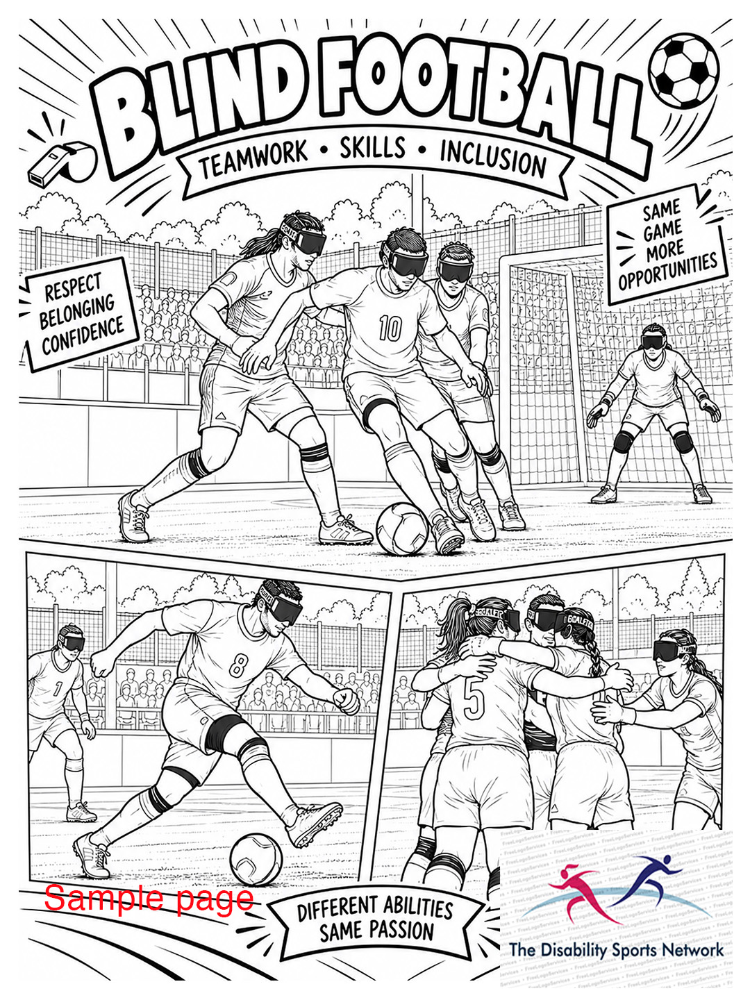 Sample page — Blind Football line drawing to colour in