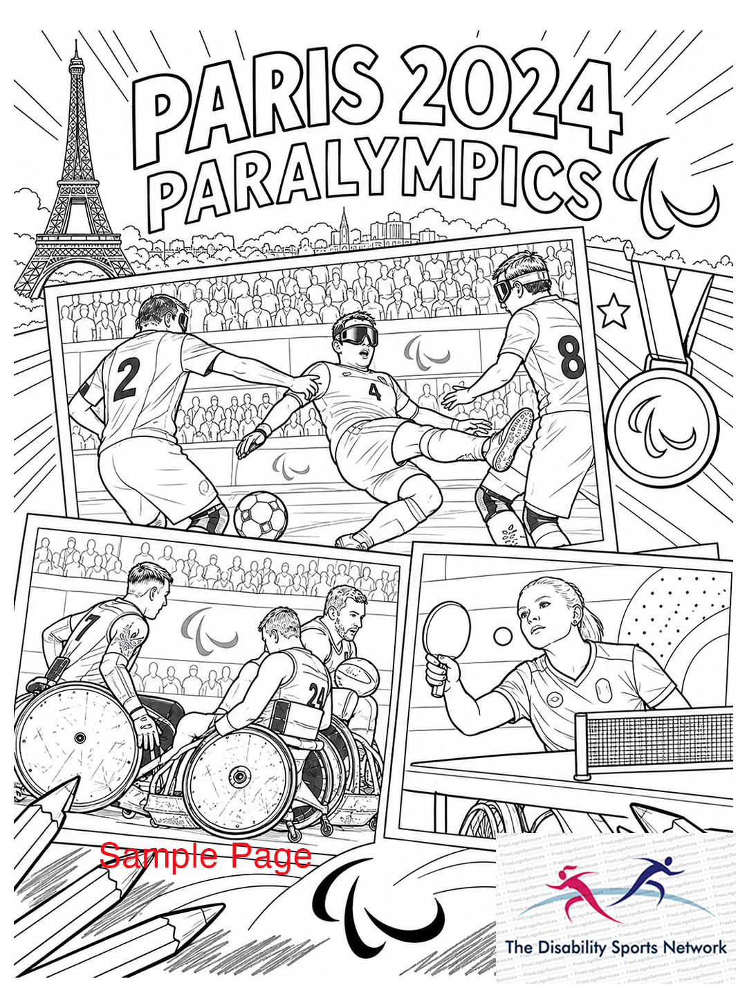 Sample page — Paris 2024 Paralympics line drawing to colour in