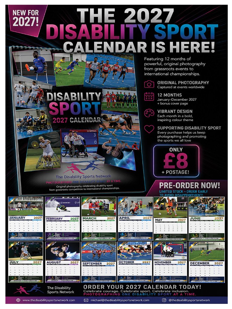 2027 Disability Sport Calendar — pre-order now, only £8 + postage