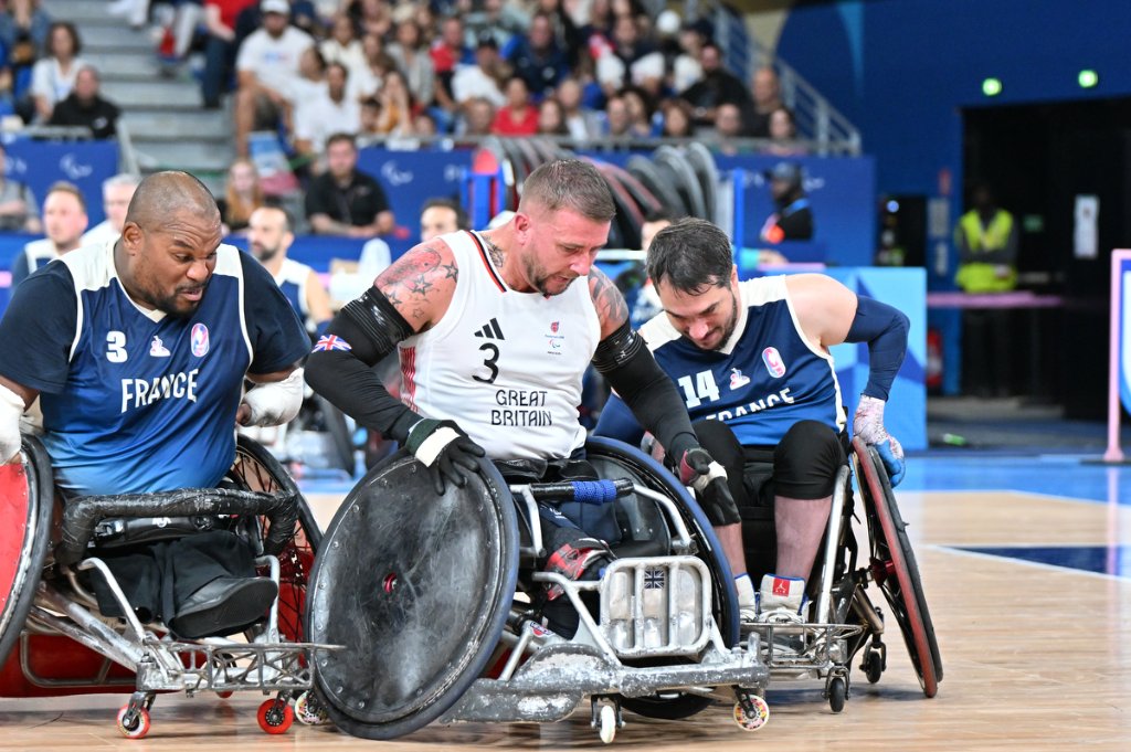 Great Britain and France wheelchair rugby players collide in intense battle during GBR vs FRA match