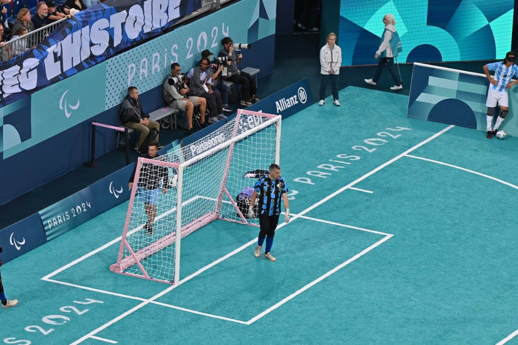 Argentina goalkeeper by the pink goal at the blind football gold medal match at Paris 2024 Paralympics