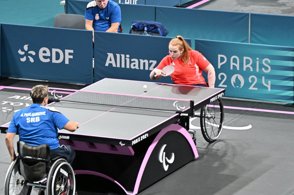 Wheelchair para table tennis players in heated rally at Paris 2024
