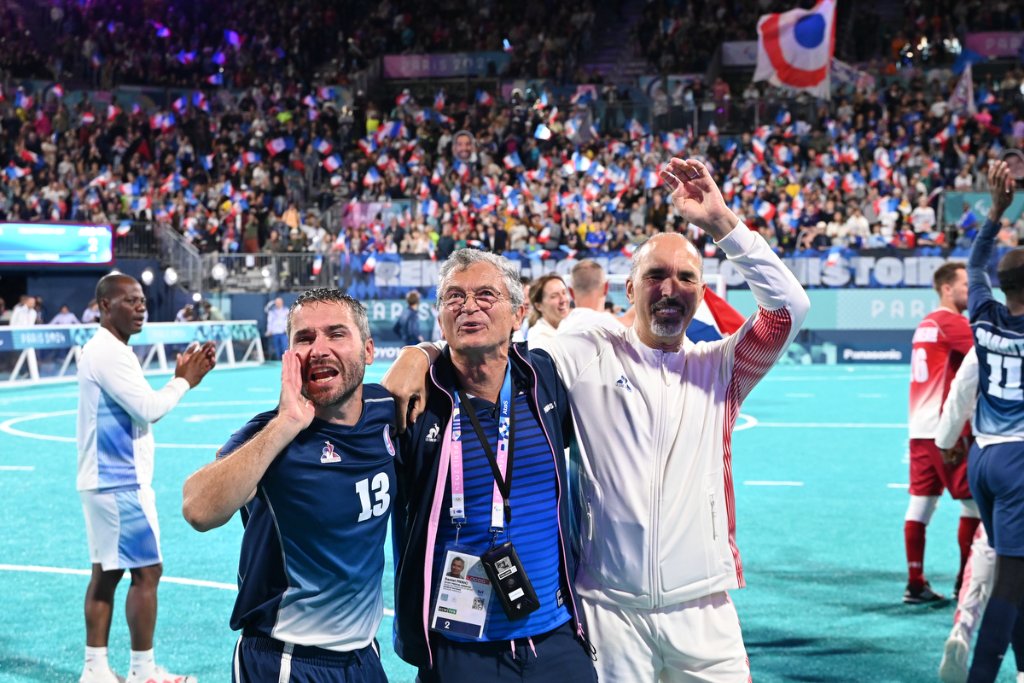 France blind football players and staff celebrate gold medal win at Paris 2024 Paralympics