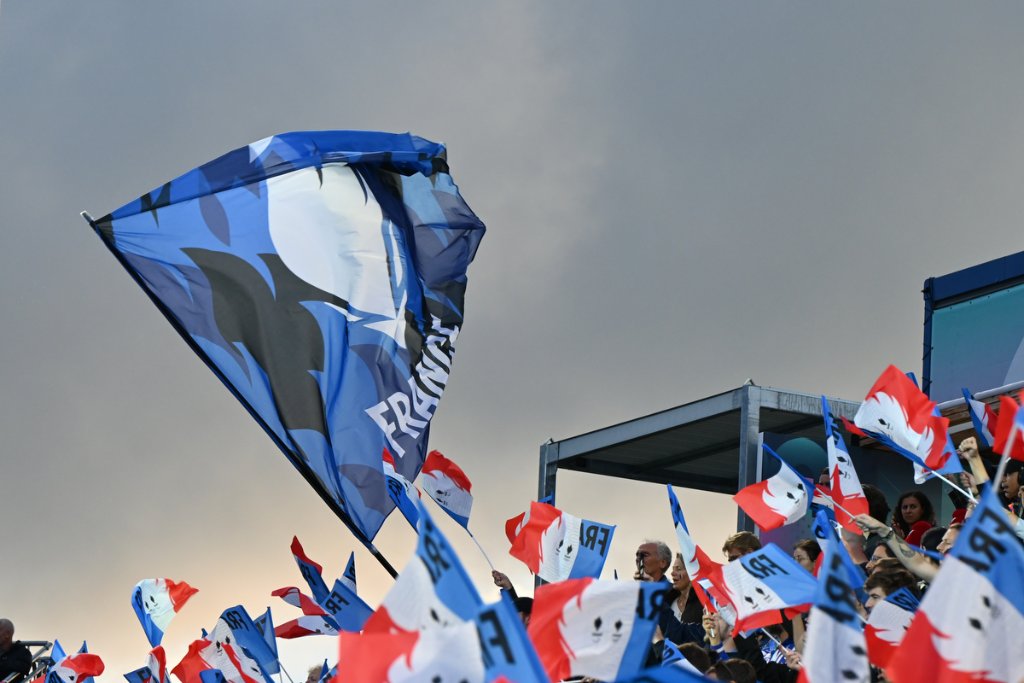 France flags waving in the sky ahead of the blind football gold medal match at Paris 2024 Paralympics