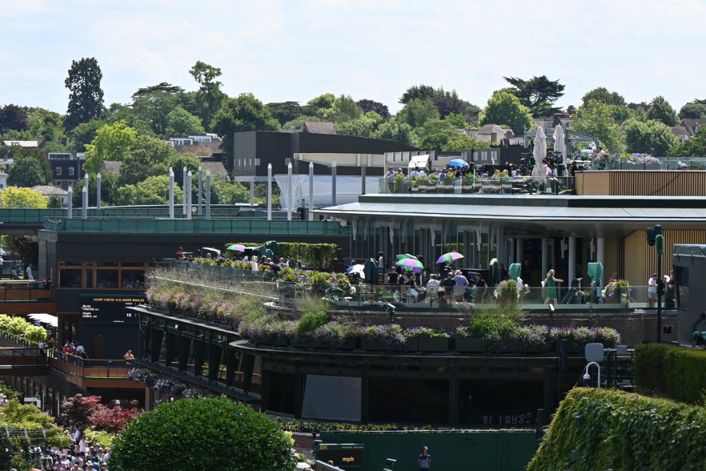 Aerial panoramic view of Wimbledon grounds and terraces