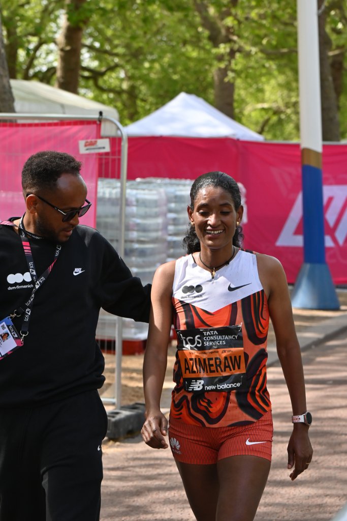 Tigst Azimeraw walking with her team after finishing TCS London Marathon 2026