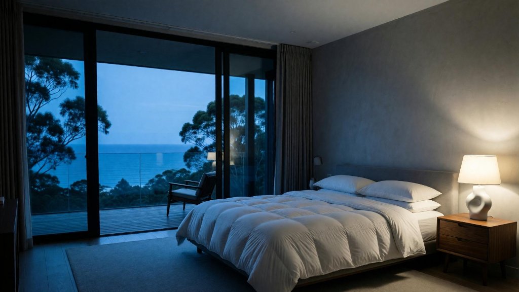 Luxury bedding in a Perth coastal home at dusk