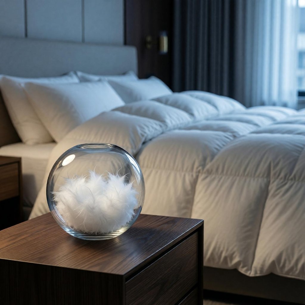 Glass globe filled with white down feathers on a dark walnut nightstand