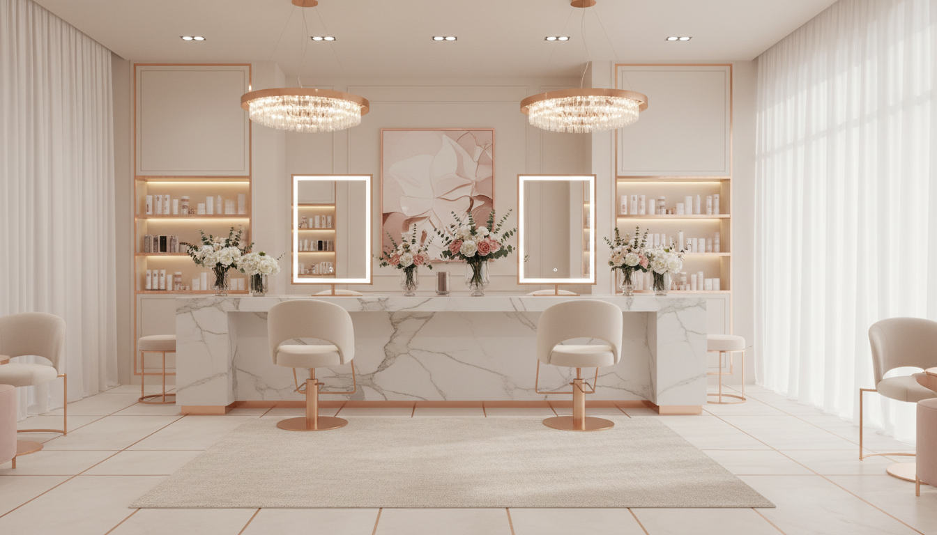 Luxury beauty salon interior with soft cream and rose gold decor