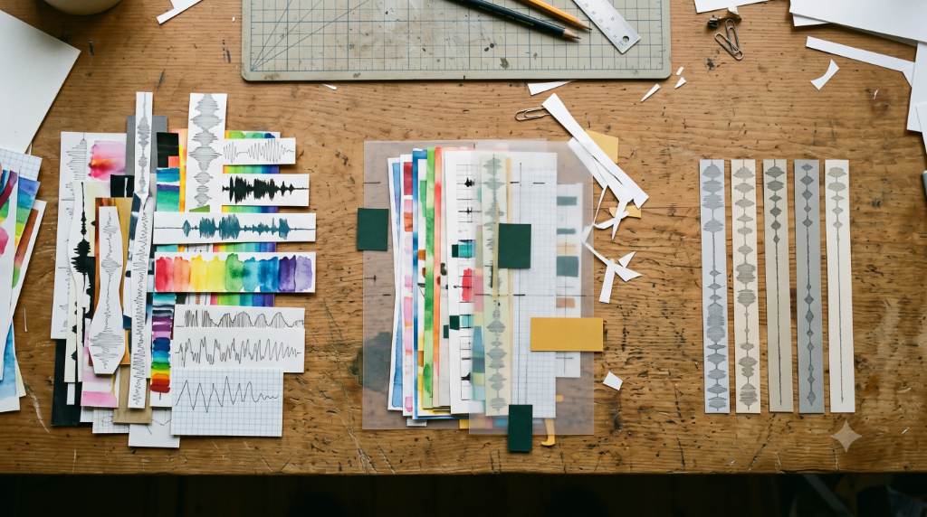 Klang als Material auf einer Werkbank: Wellenmuster und Papierstreifen, die das Verengen musikalischer Vielfalt durch generative Systeme veranschaulichen.