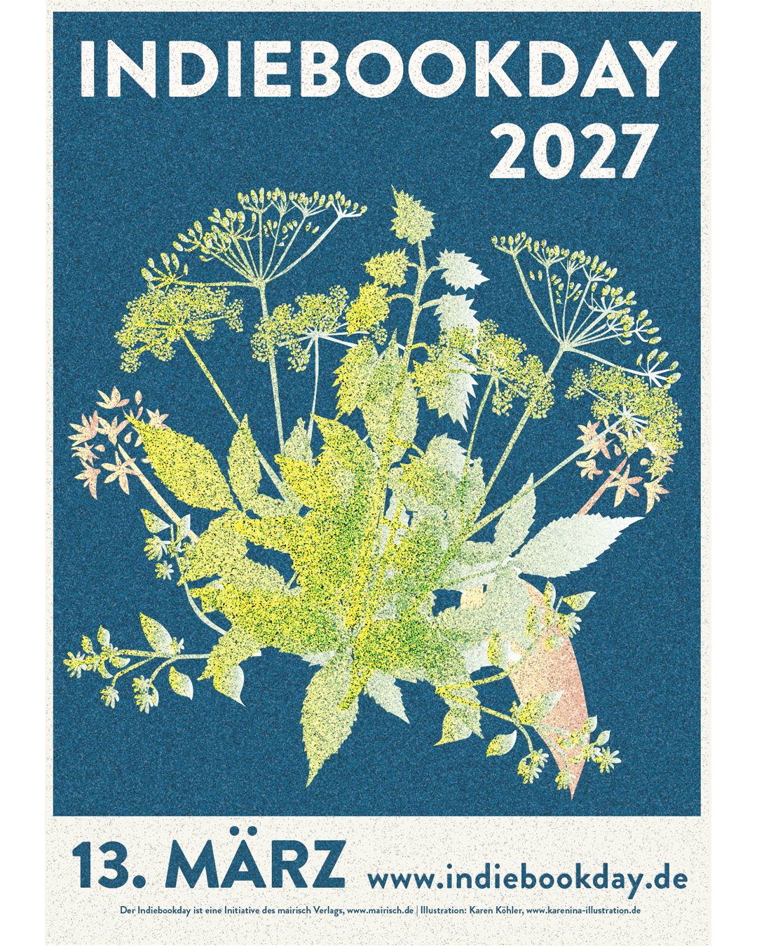 Plakat zum Indiebookday 2027 am 13. März mit Pflanzenmotiv auf blauem Grund