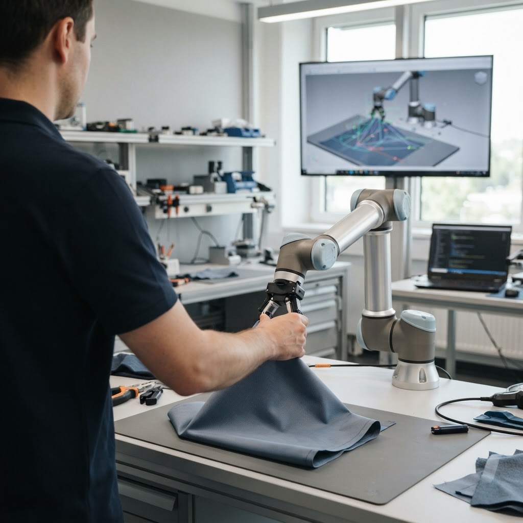 Ein Mensch zeigt einem Roboter in einem Trainingslabor, wie ein flexibles Material gegriffen und bearbeitet wird.