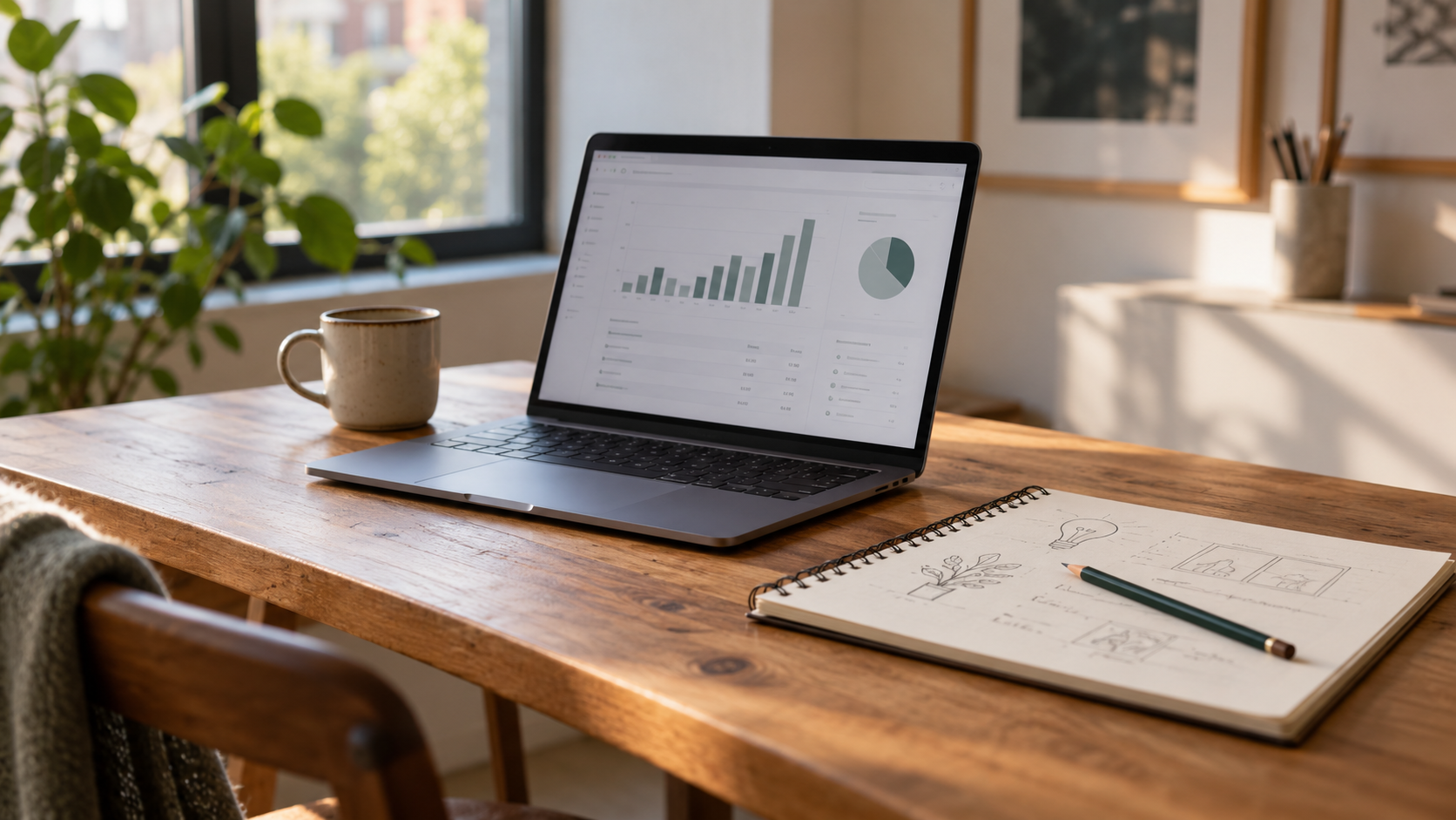 Laptop mit Business-Dashboard und ein offenes Skizzenbuch mit Kreativskizzen auf einem Holzschreibtisch – Aufmacherbild zum Einblick über Kapital und kreative Unternehmen.