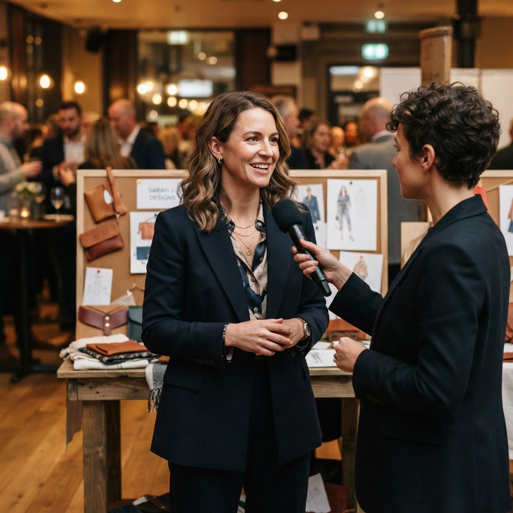 Eine Designerin wird bei einem regionalen Wirtschaftspreis von einer Journalistin interviewt, im Hintergrund Skizzen und Produktproben.