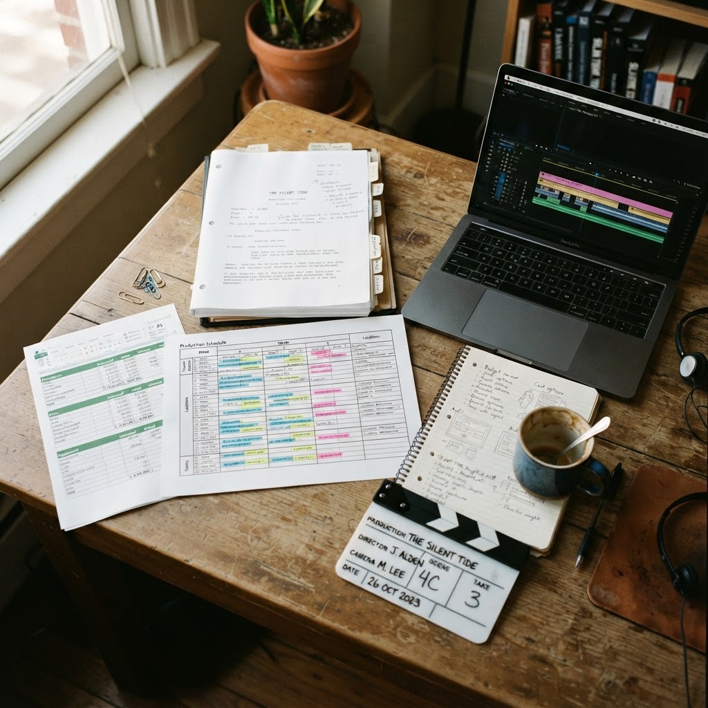 Arbeitsplatz einer jungen Filmproduktionsfirma mit Drehbuch, Produktionsplan, Laptop und Filmklappe