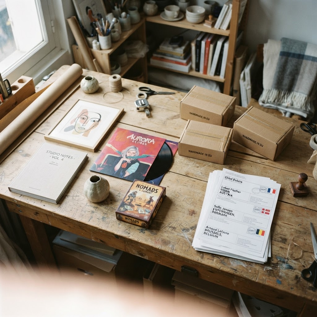 Kleine Kreativunternehmen versenden Bücher, Kunst, Musik und Designprodukte an Kundinnen und Kunden in verschiedene EU-Staaten