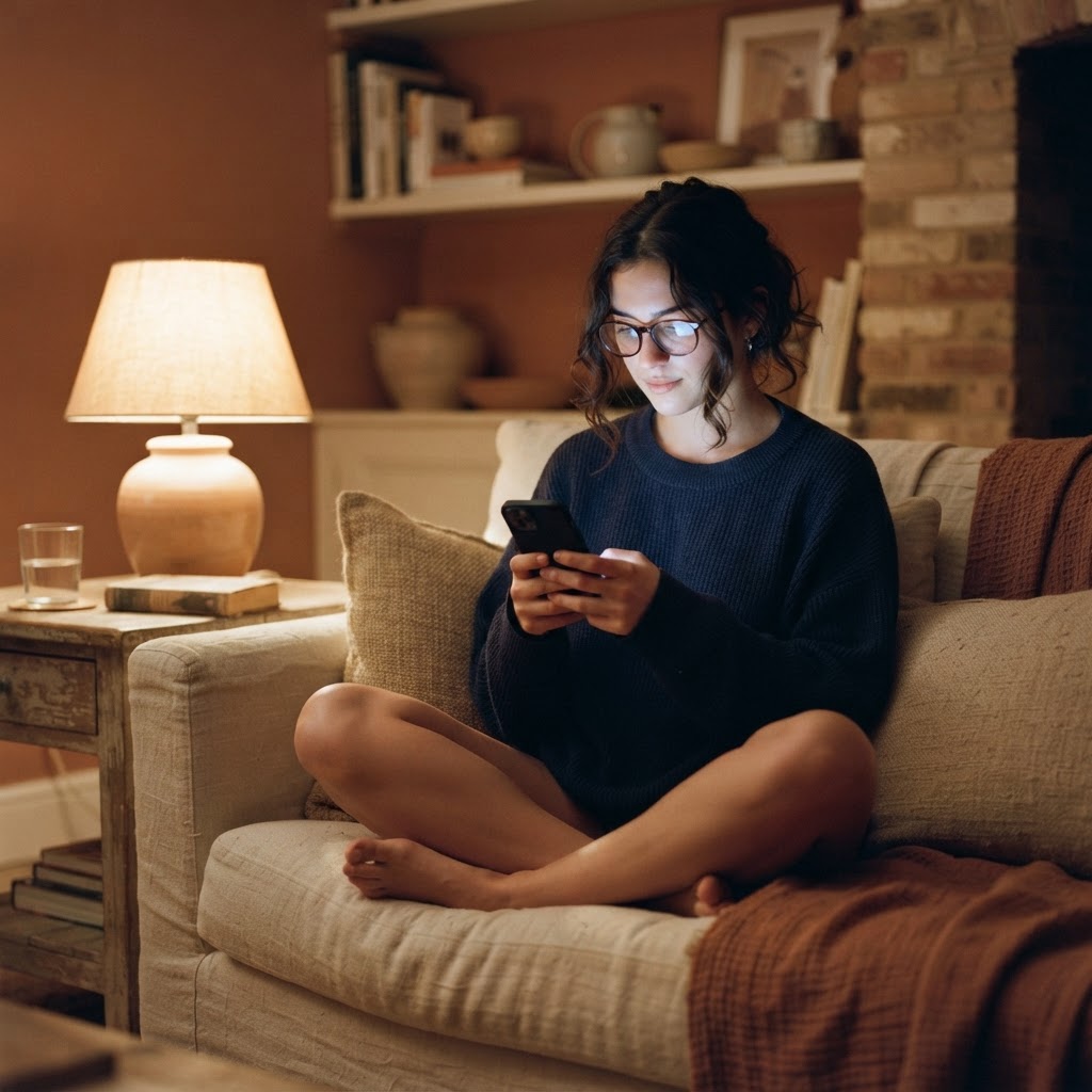 Voyageur écrivant sur son téléphone dans un logement, tard le soir