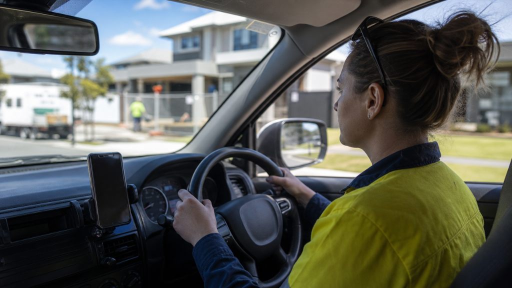 Tradesperson driving a ute with her phone resting in a dash mount — Odomly records the trip automatically, with nothing to start or stop.