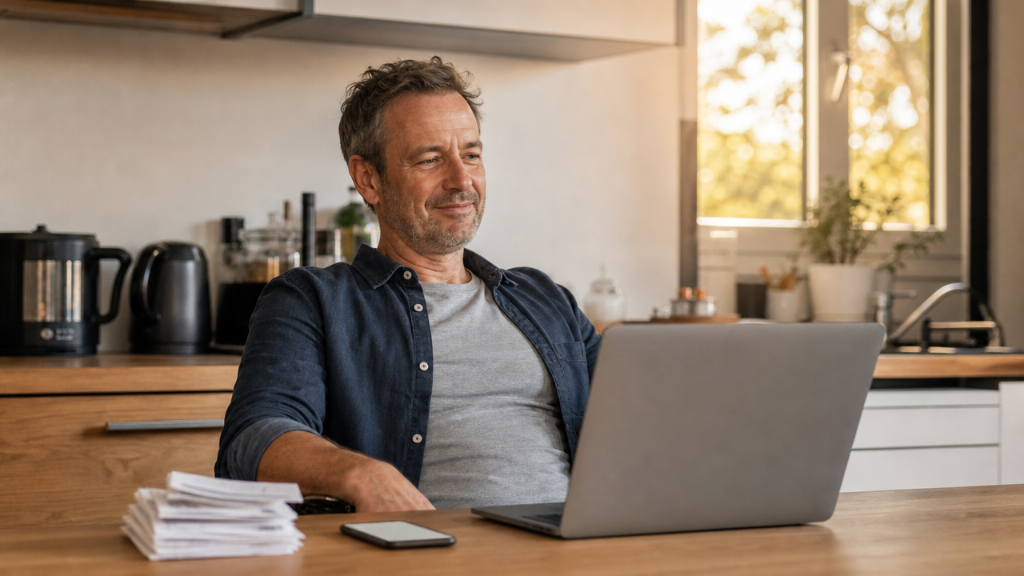 A sole trader going through his paperwork at the kitchen bench with a laptop — a complete, tax-ready logbook without a shoebox of receipts.