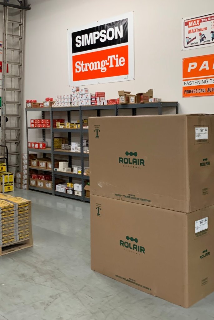 Fastener Express warehouse stocked with Rolair and Simpson Strong-Tie inventory