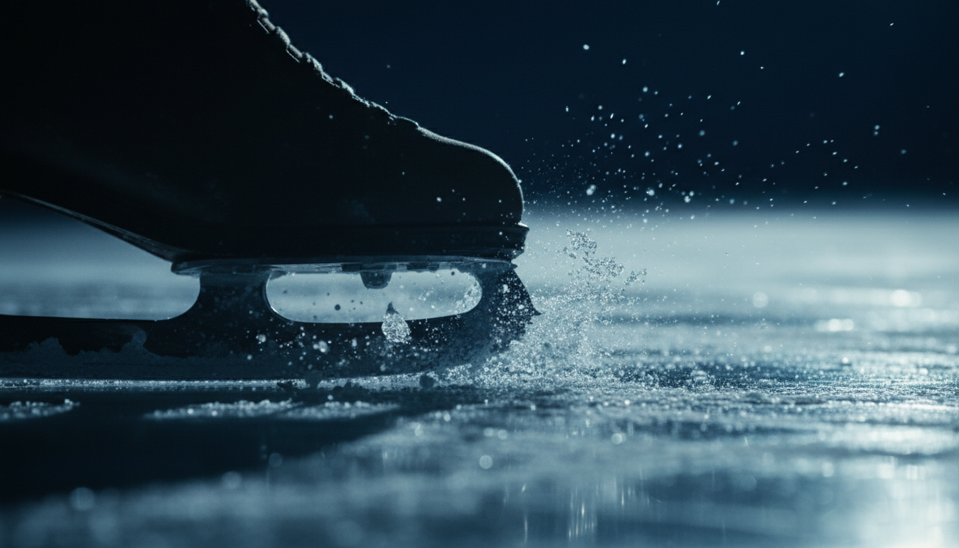 Close-up of figure skating blade cutting ice