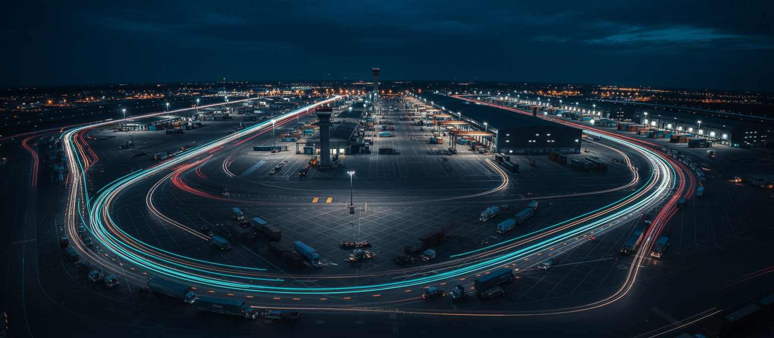 Global logistics hub at night with light streaks
