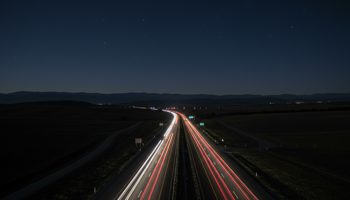 Highway at night with light streaks