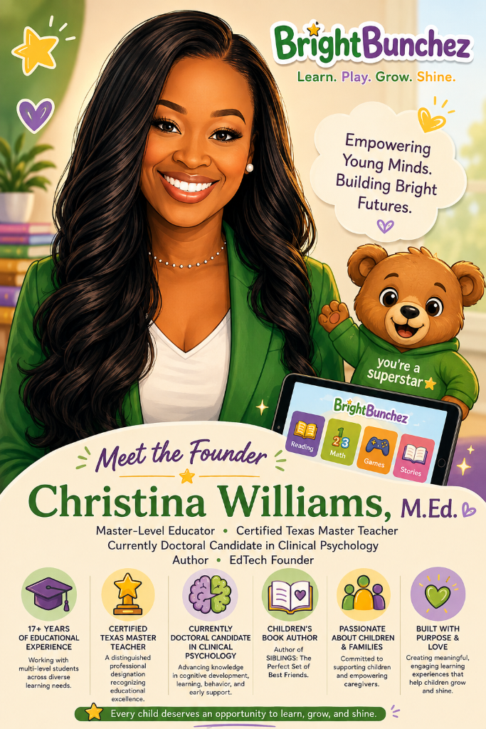 Christina Williams — Founder of BrightBunchez. BrightBunchez green branding, founder portrait, credentials row, and feature icons.