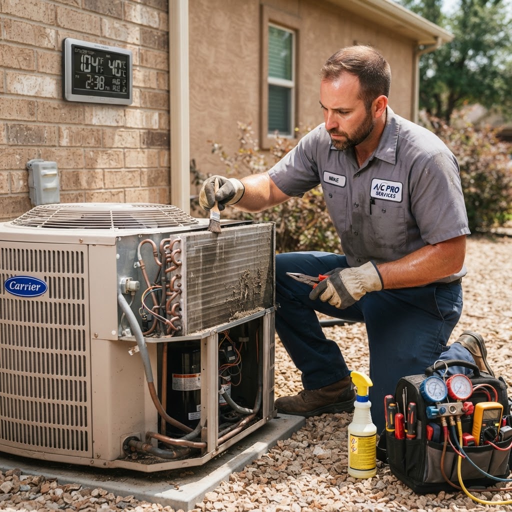 AC repair technician working on coil components with extreme heat temperature display