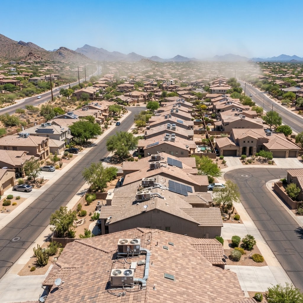 Aerial view of AC units on residential rooftops in desert Arizona neighborhood during extreme heat