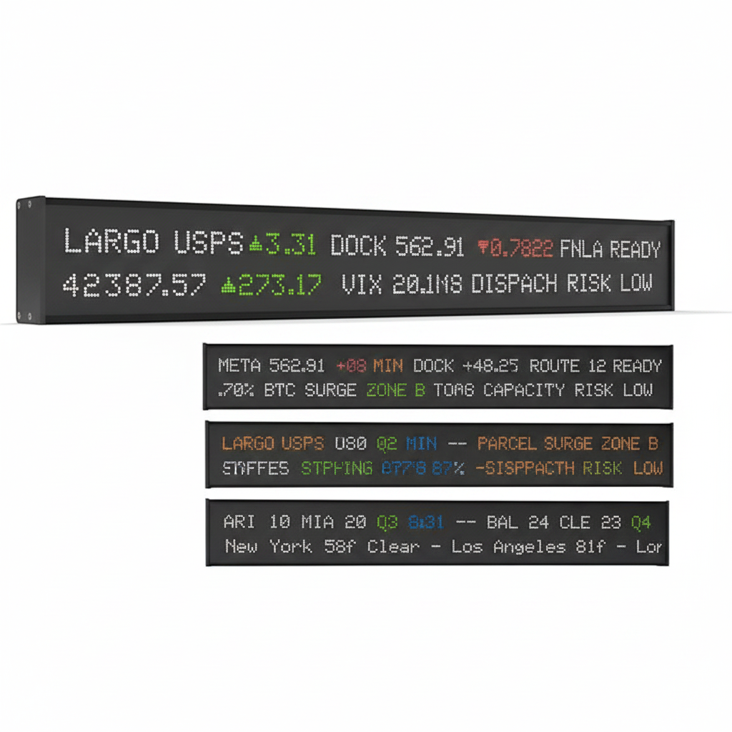 AI-edited longer Quotron-style LED ticker display showing USPS facility data