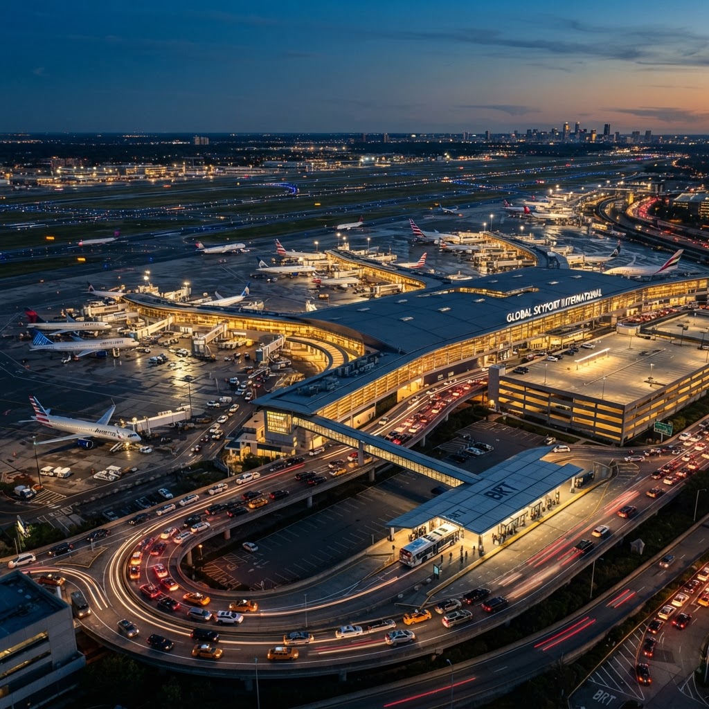 AI-generated aerial view of a major international airport terminal at dusk