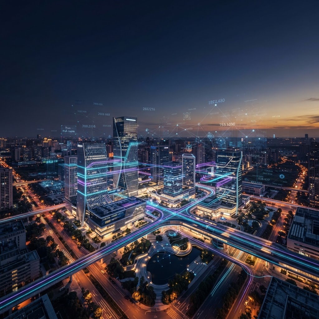 Futuristic intelligent building illuminated by operational data signals