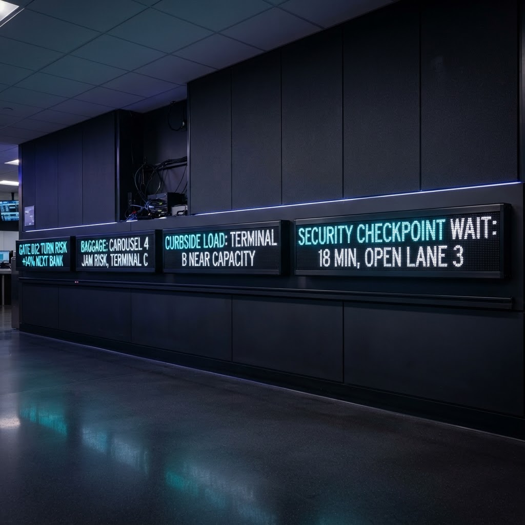 AI-generated visualization of Quotron LED ticker devices in graduated sizes, each streaming a different Logan Airport readiness signal